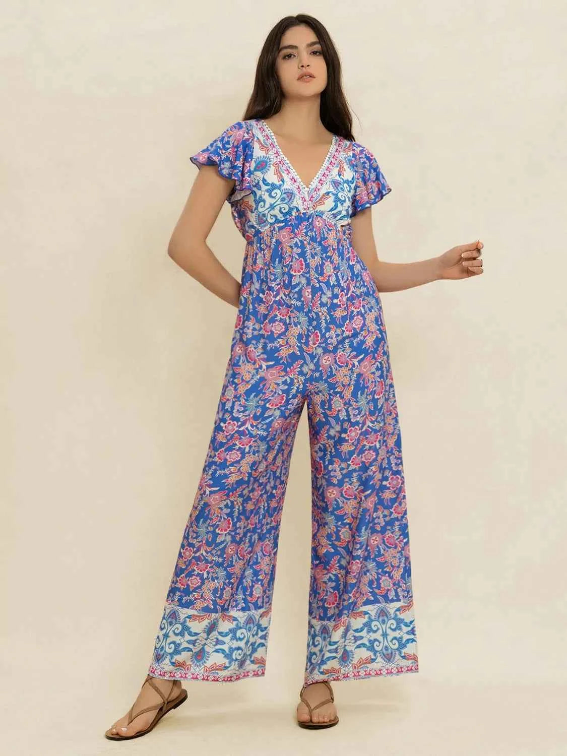 Printed V-Neck Wide Leg Jumpsuit Trendsi