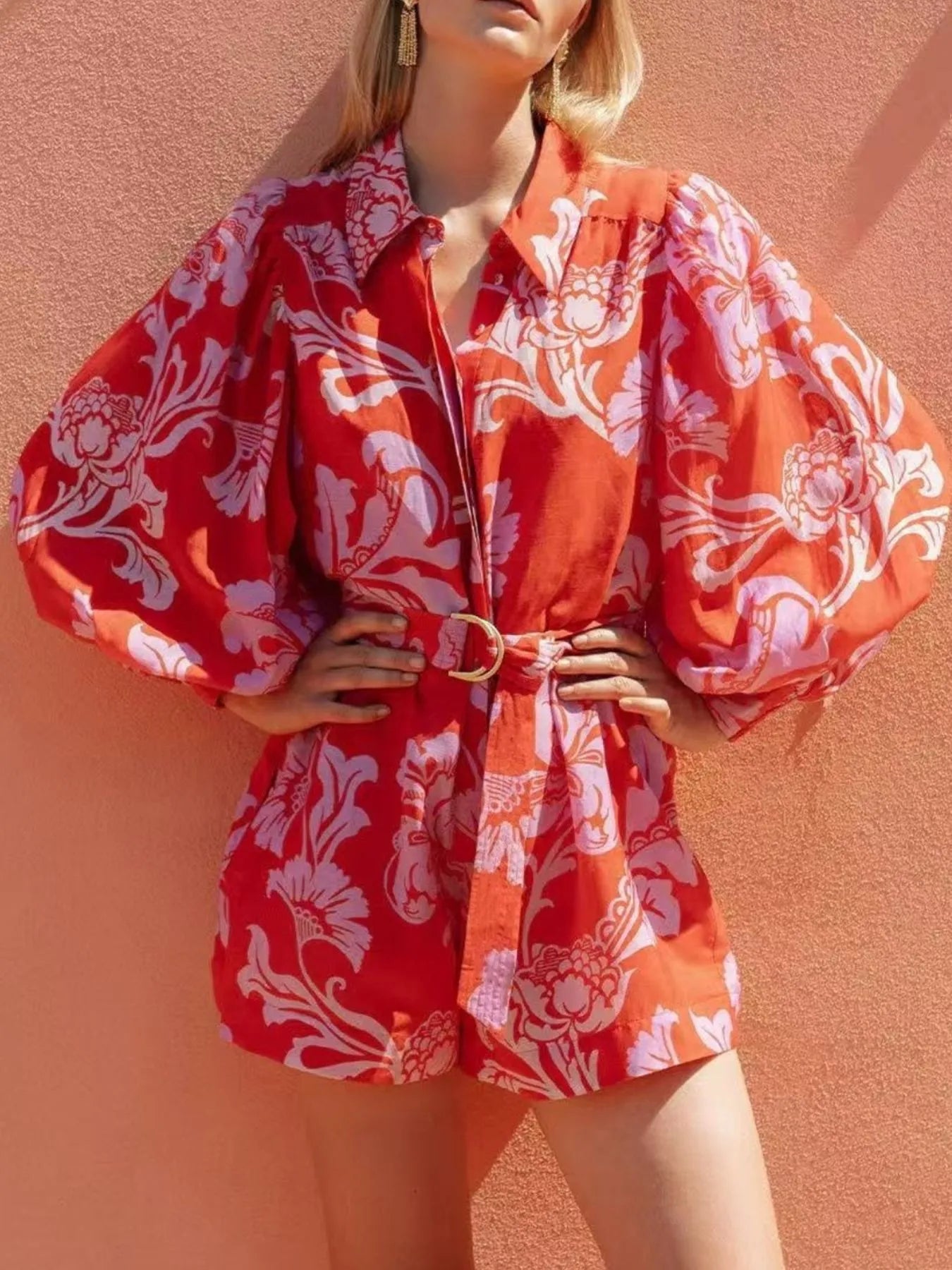 Printed Long Sleeve Belted Romper Trendsi