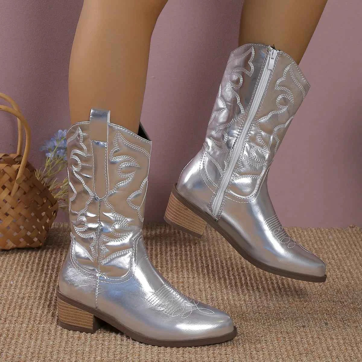 Point Toe Block Heels Boots Silver Trendsi