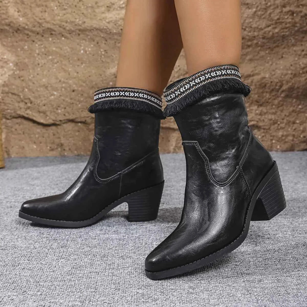 Western Embroidered Trim Boots with Block Heel Trendsi
