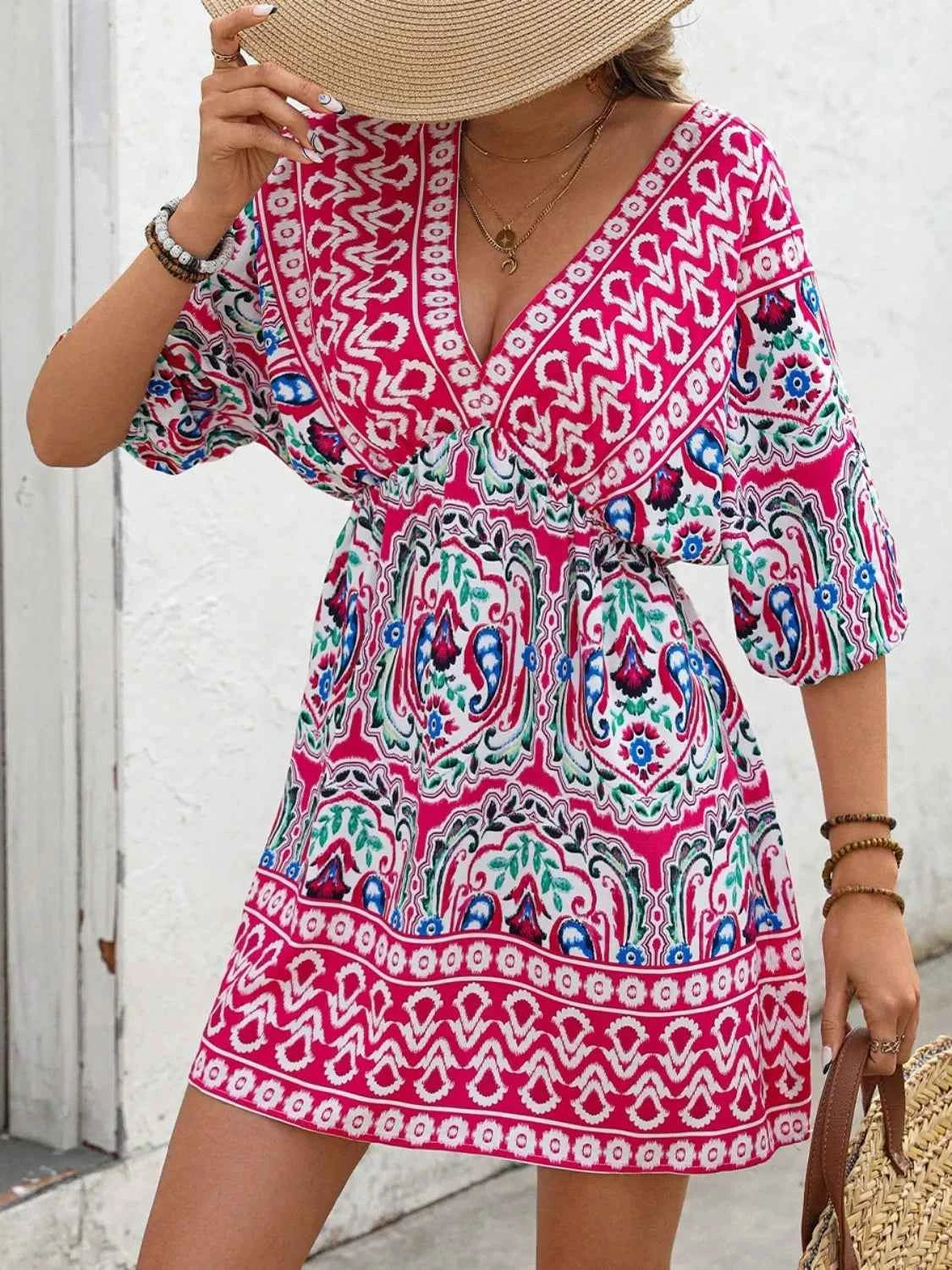 Printed Tie Back Half Sleeve Mini Dress Hot Pink Trendsi