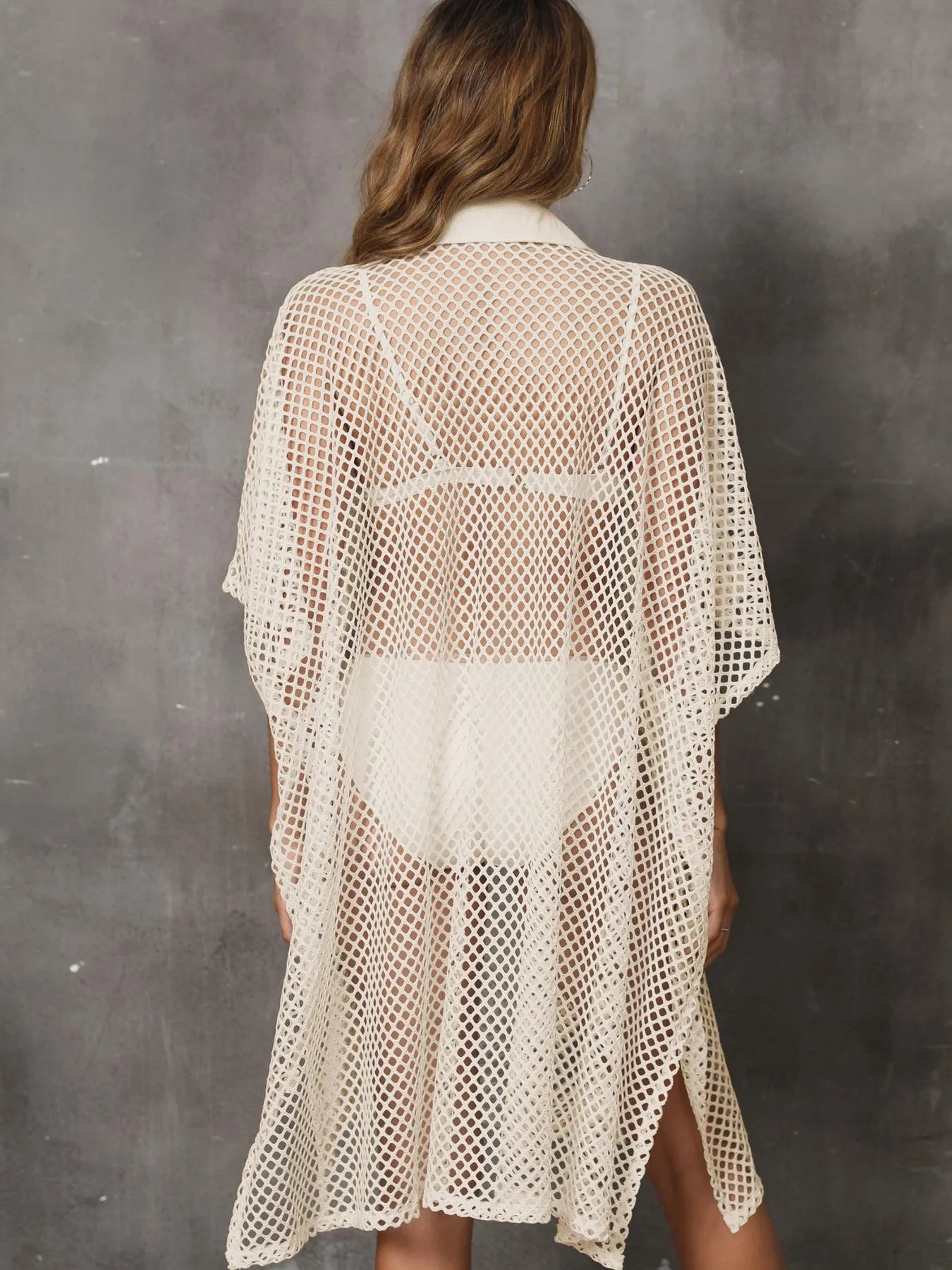Sheer Mesh Button Up Cover Up Trendsi