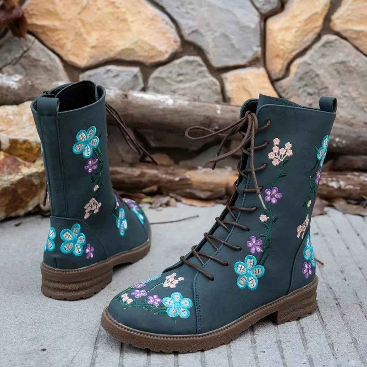 Round Toe Block Heels Boots Dark Navy Trendsi