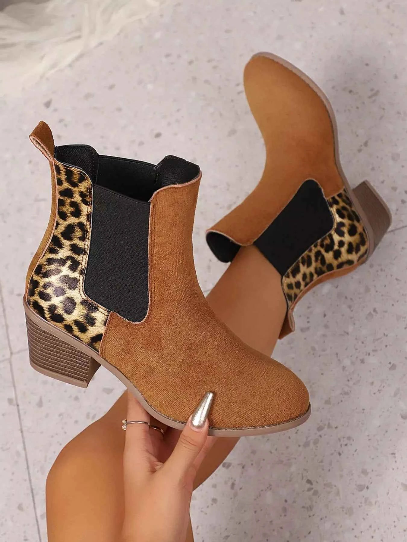 Leopard Print Chelsea Ankle Boots with Block Heel Trendsi