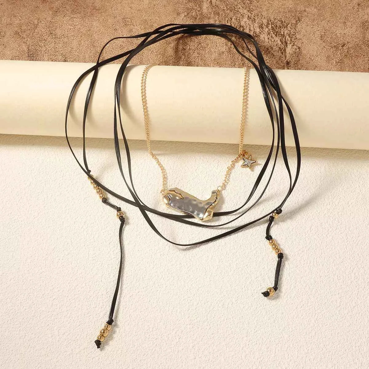 2 Piece Layered Leather Cord Boot Pendant Necklace Trendsi