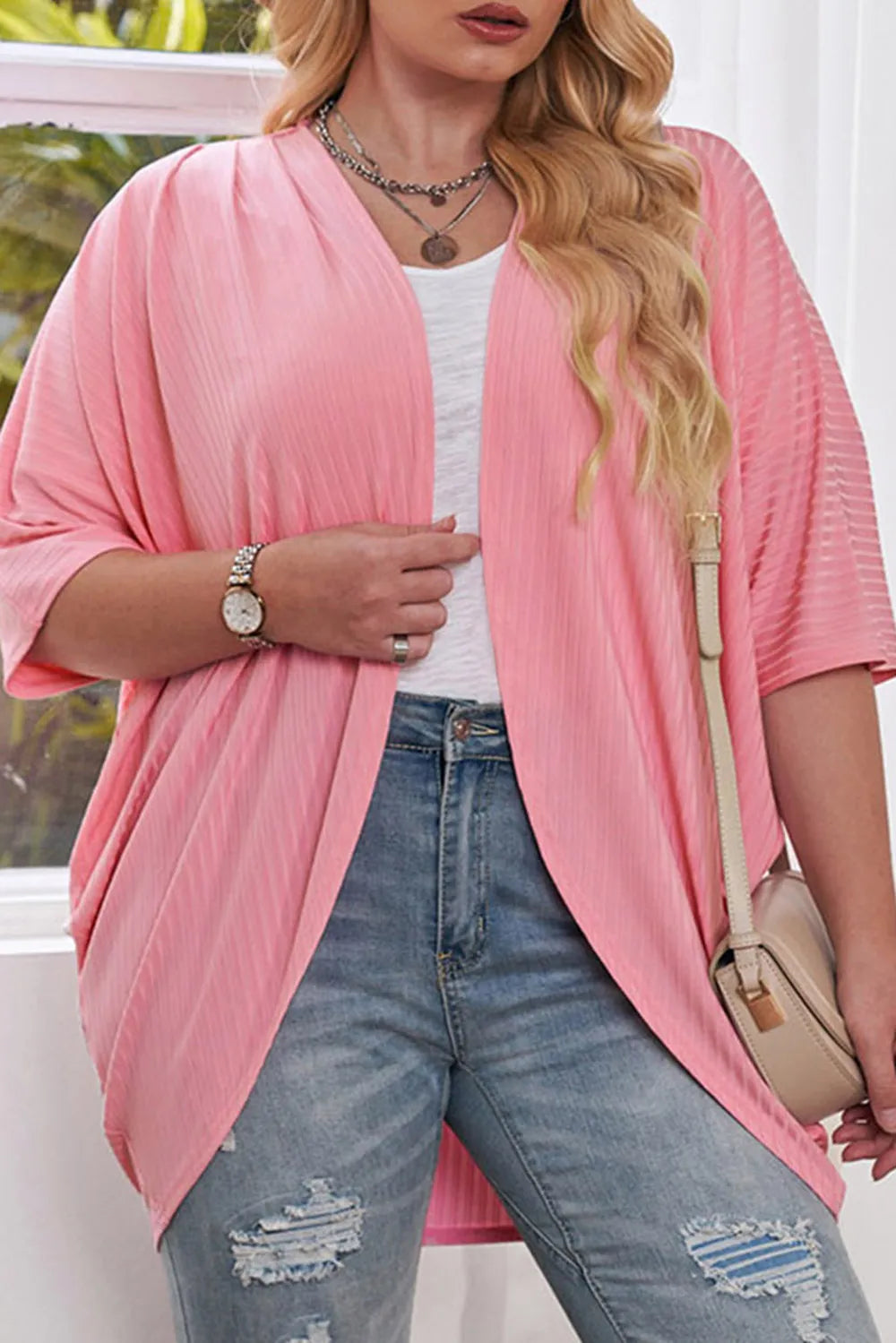 Plus Size Ribbed Cocoon Cover Up Pink Trendsi