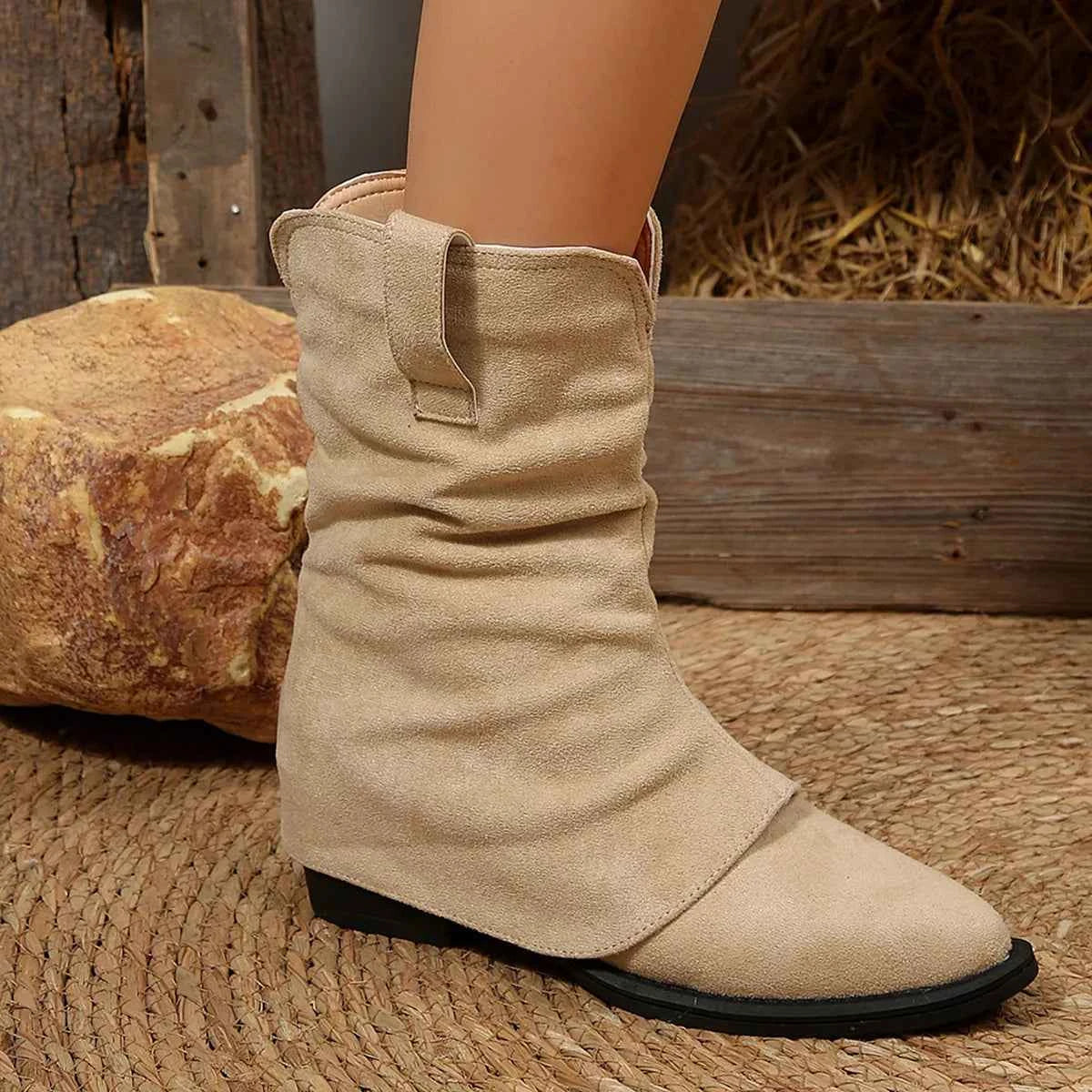 Point Toe Block Heels Boots Ivory Trendsi