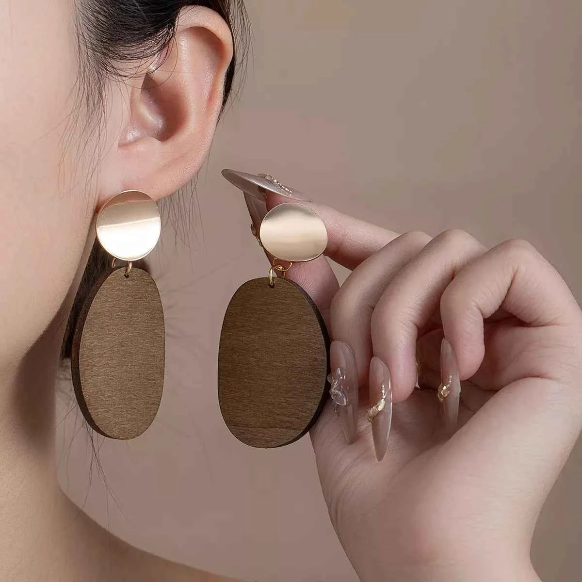 18K Gold-Plated Geometric Wood Drop Earrings Trendsi
