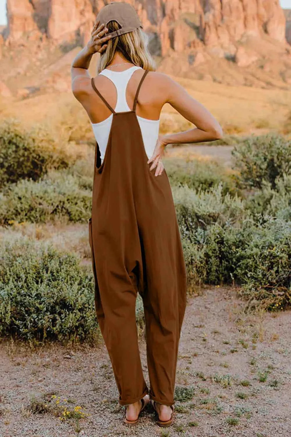 Double Take Full Size V-Neck Sleeveless Jumpsuit with Pockets Trendsi