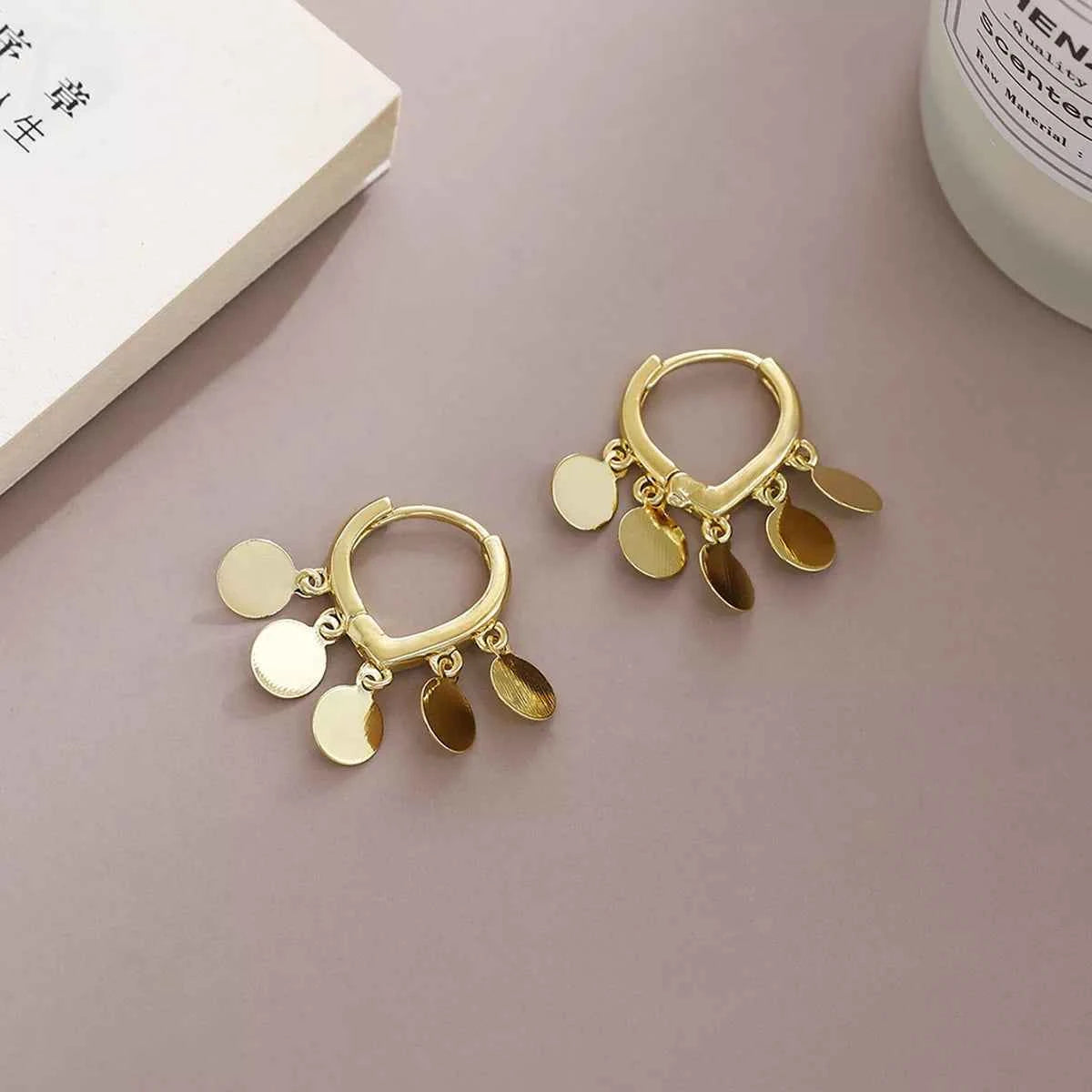 18K Gold-Plated Drop Hoop Earrings with Dangling Disc Charms Gold onesize Trendsi