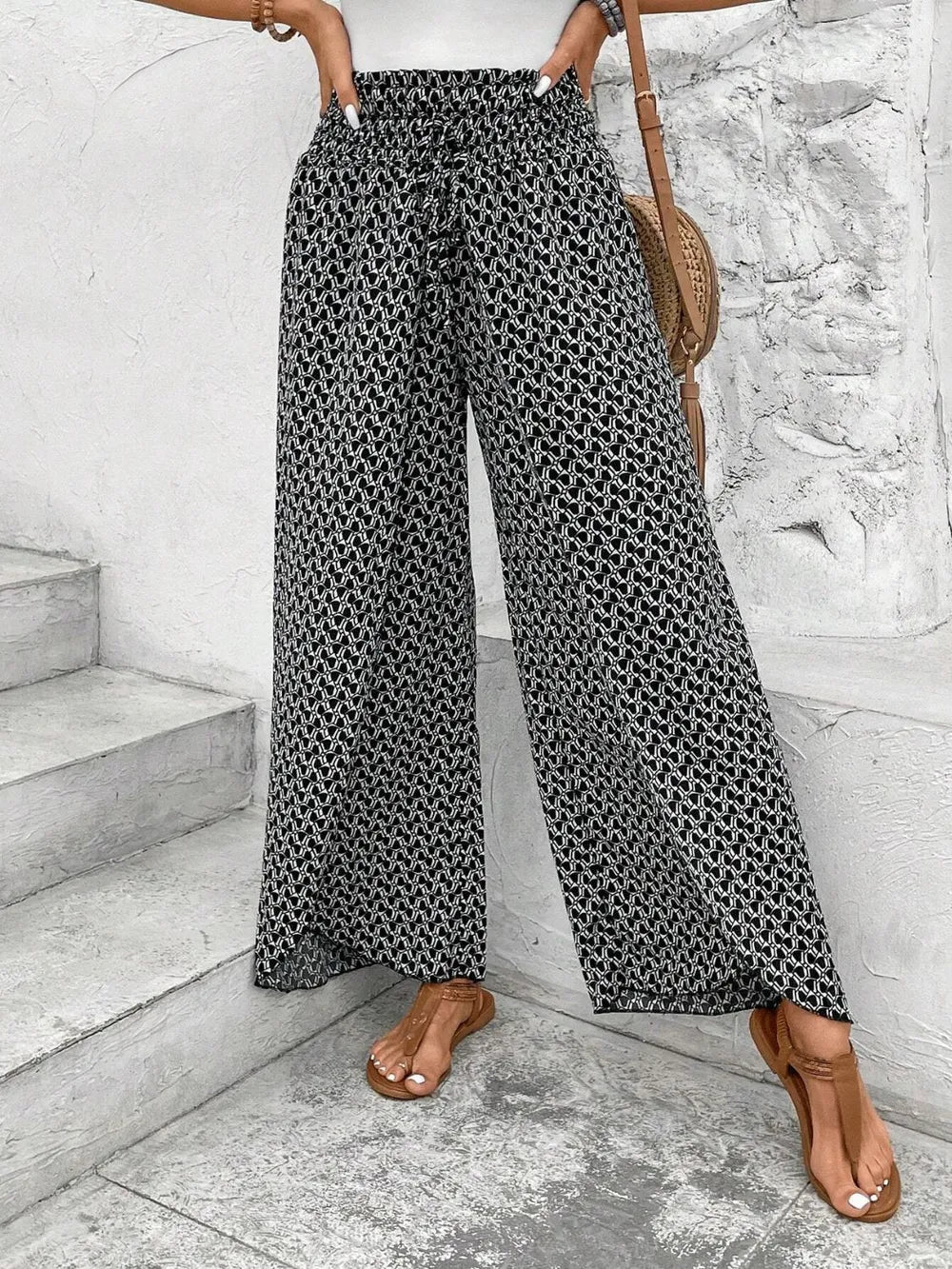 Tied Printed Wide Leg Pants Black Trendsi