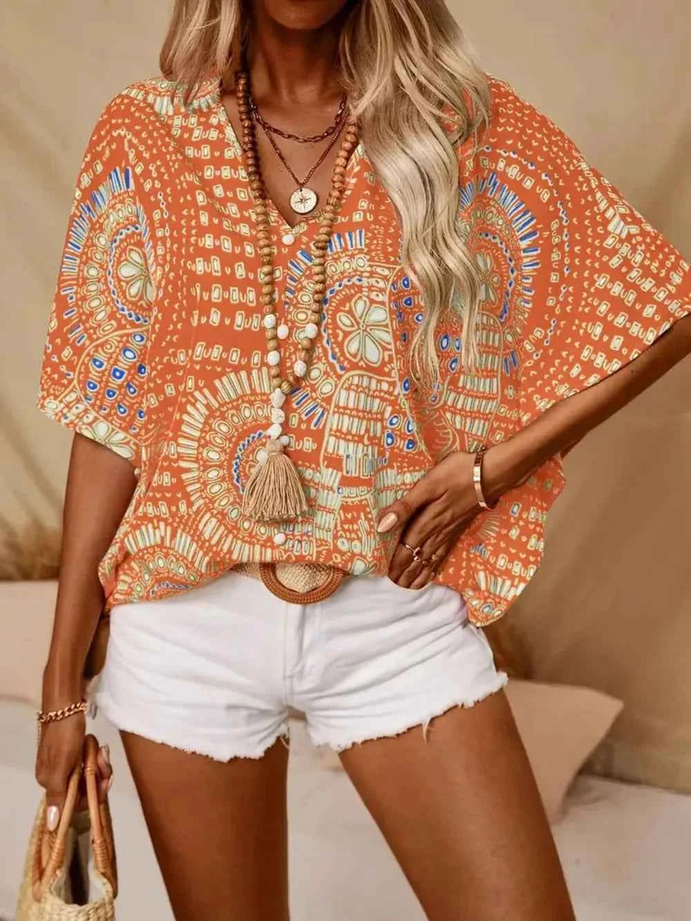 Printed V-Neck Half Sleeve Top Trendsi