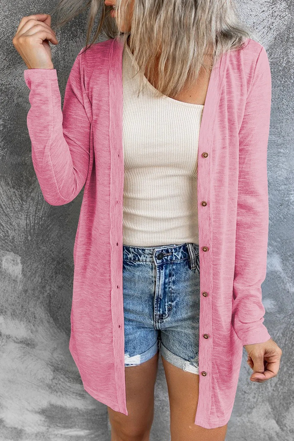 Button Up Long Sleeve Cover Up Pink Trendsi