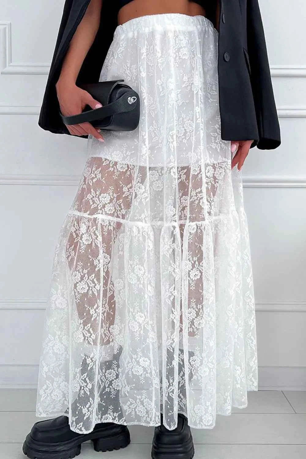 Lace Elastic Waist Maxi Skirt White Trendsi