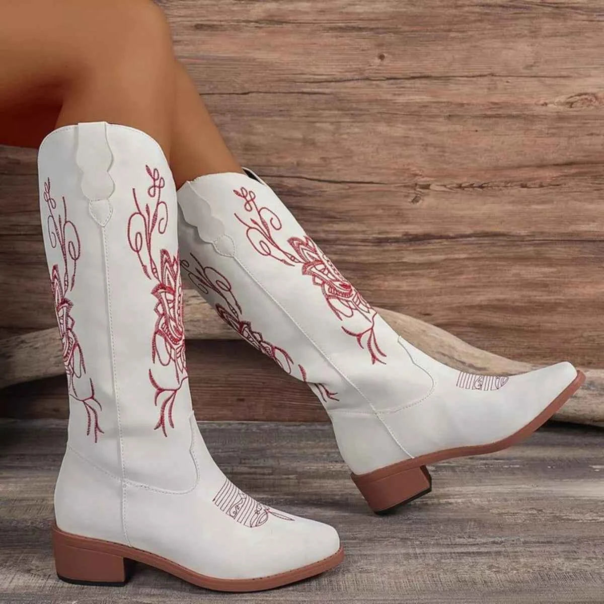 Embroidered Block Heels Boots Trendsi