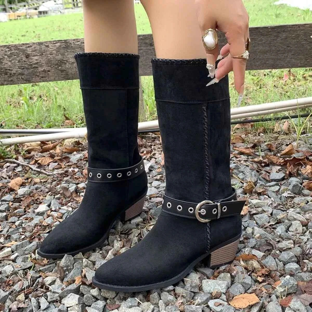 Point Toe Block Heels Boots Black Trendsi