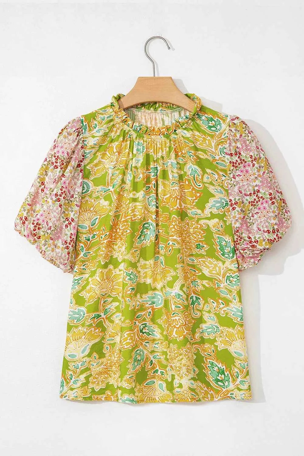 Multicolour Printed Blouse with Contrast Bubble Sleeve Patchwork Trendsi