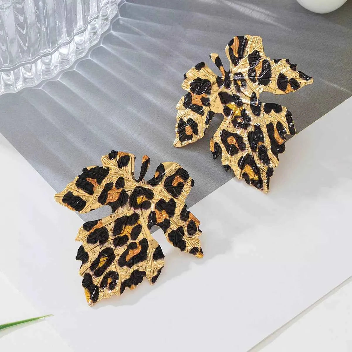 Alloy Leopard Print Leaf Earrings Trendsi