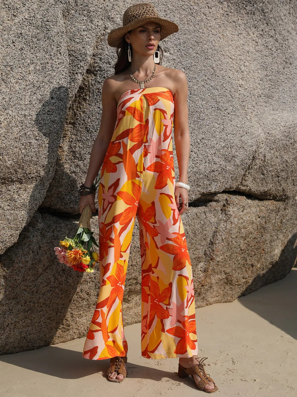 Tied Printed Tube Wide Leg Jumpsuit Trendsi
