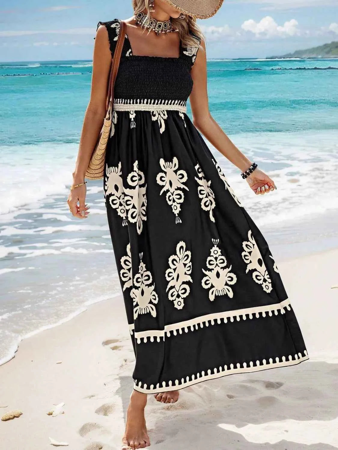 Smocked Printed Wide Strap Maxi Dress Trendsi