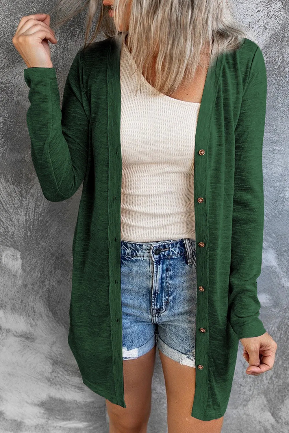 Button Up Long Sleeve Cover Up Dark Green Trendsi
