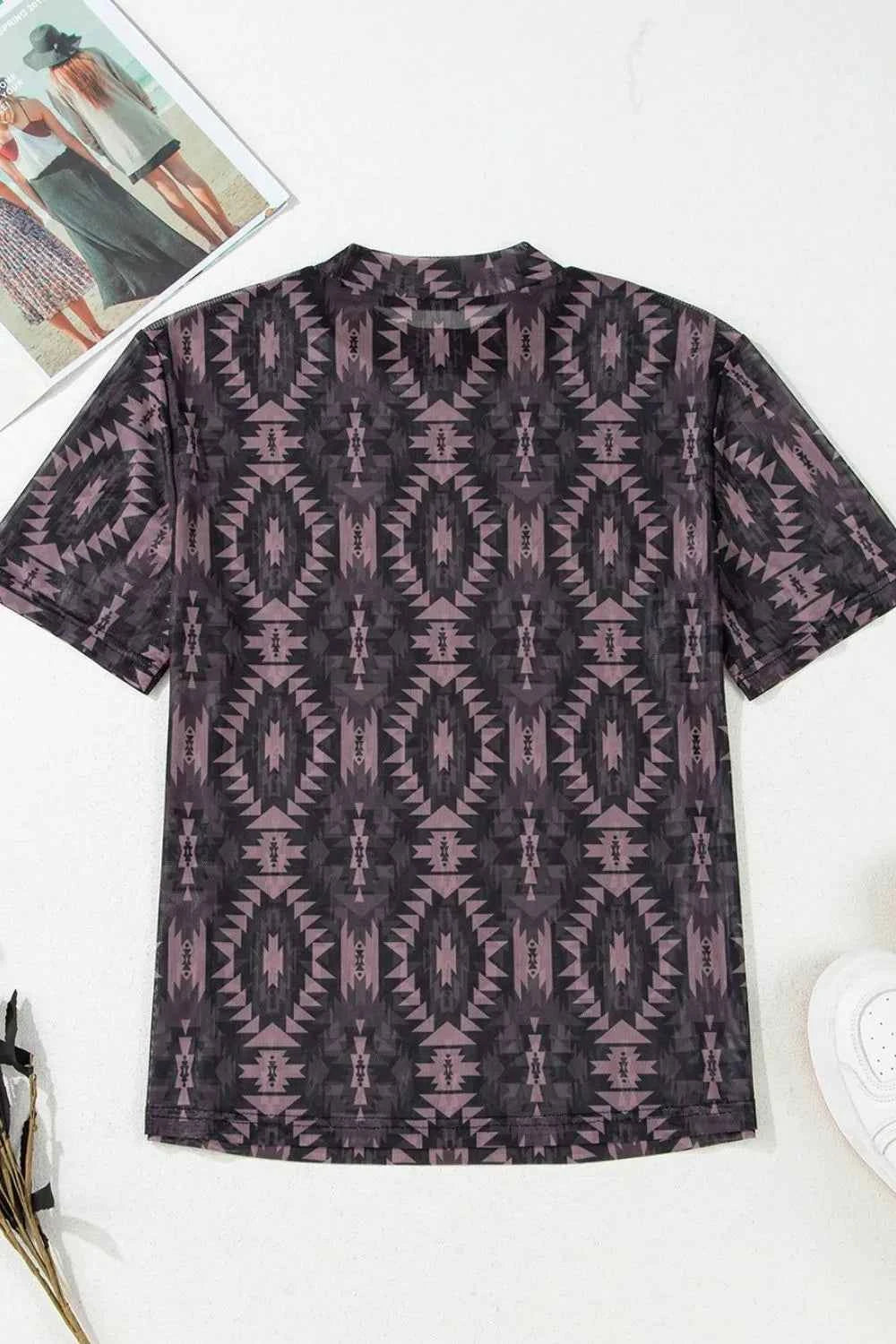 Aztec Print Mock Neck Short Sleeve Mesh T Shirt Trendsi