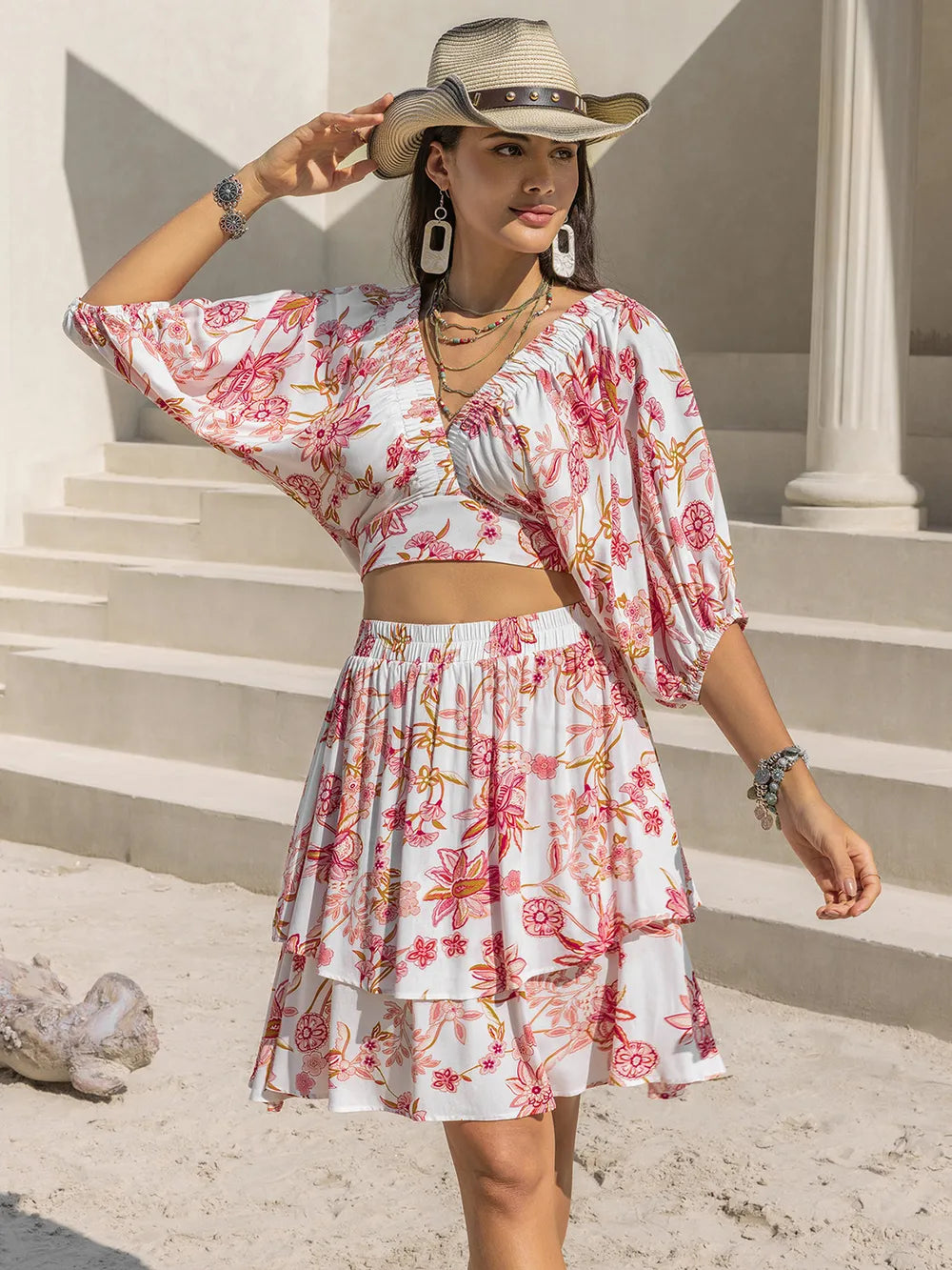 Printed Half Sleeve Top and Layered Skirt Set Trendsi