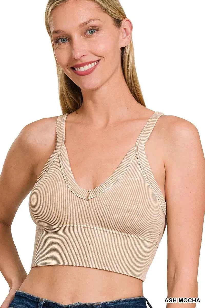 Zenana Washed V Neck Seamless Cropped Bra Top Trendsi