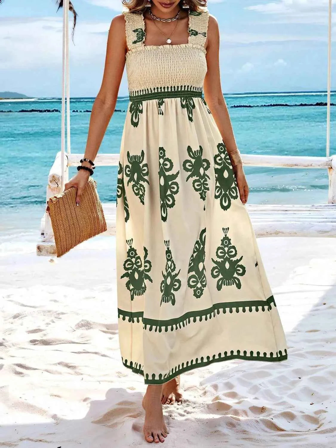 Smocked Printed Wide Strap Maxi Dress Trendsi
