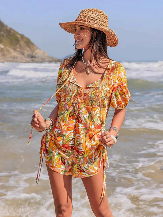 Smocked Printed Tie Neck Romper Tangerine Trendsi