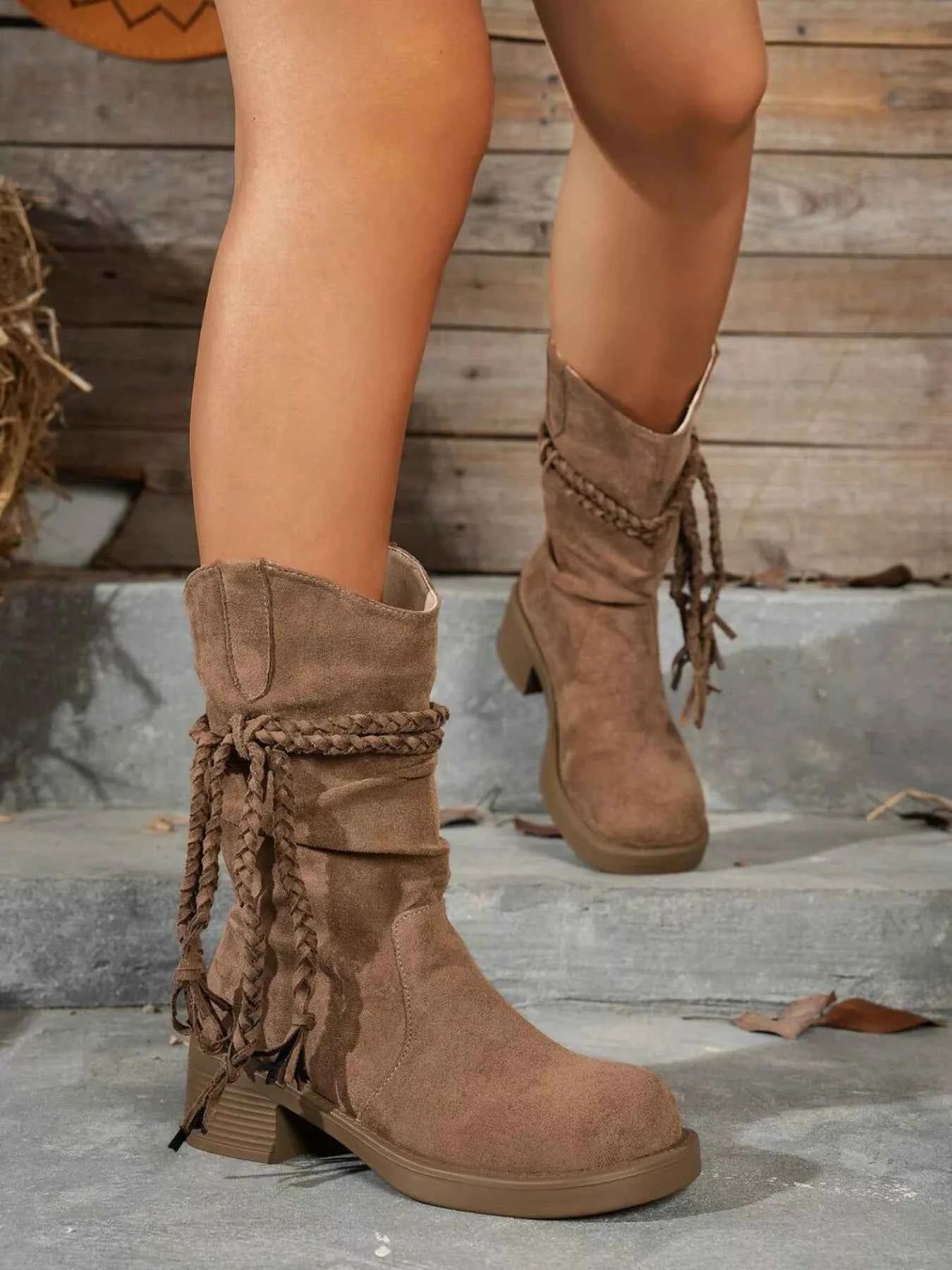 Round Toe Block Heels Boots Trendsi