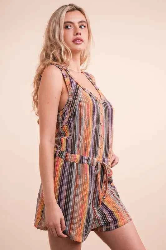 VERY J Crochet Multi Color Striped Casual Summer Romper Trendsi