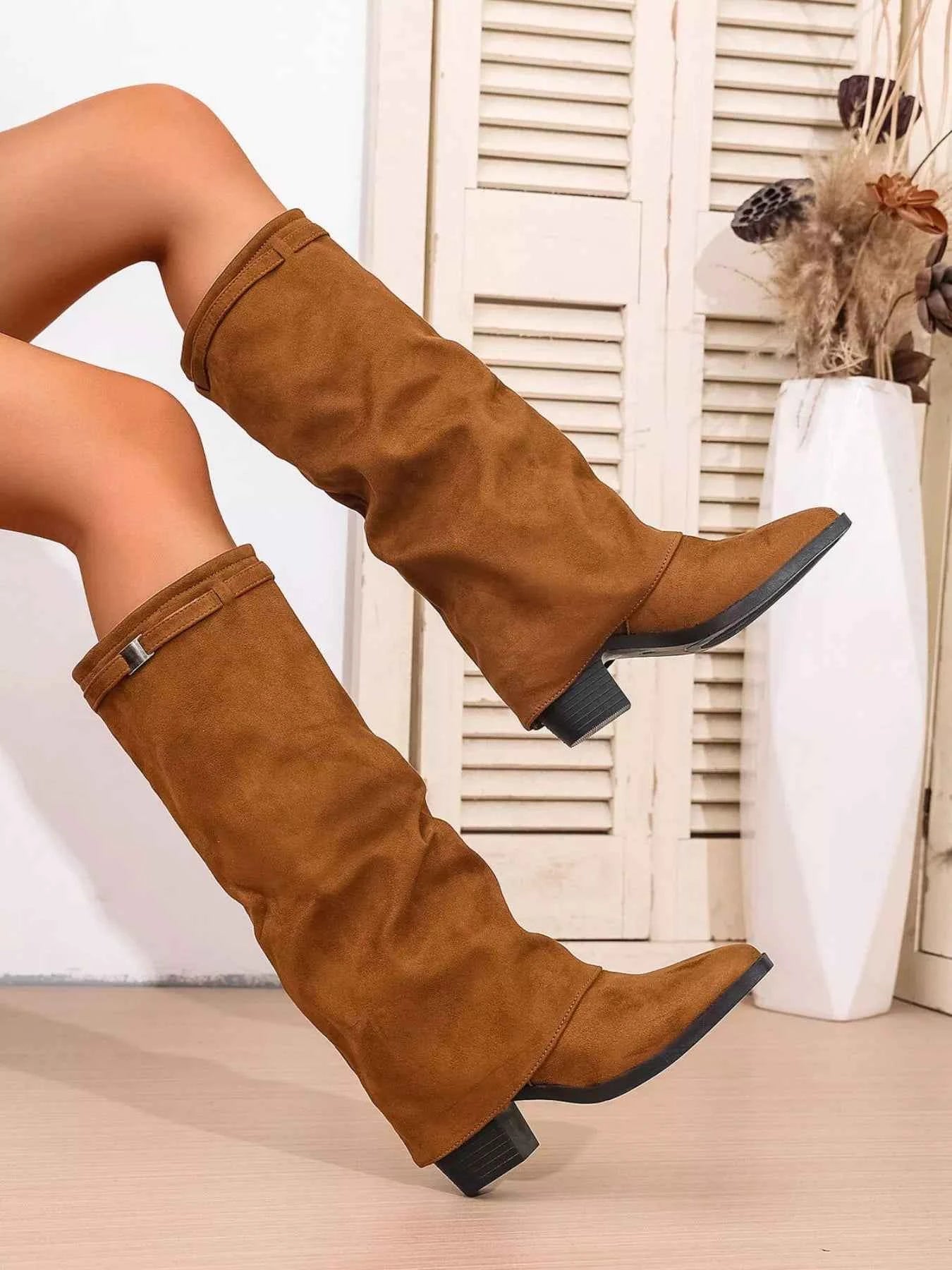 Point Toe Block Heels Boots Brown Trendsi