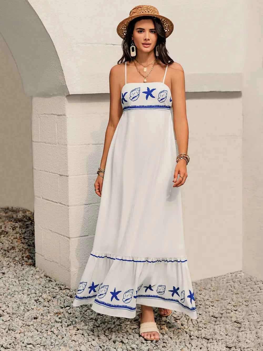 Printed Square Neck Maxi Cami Dress White Trendsi