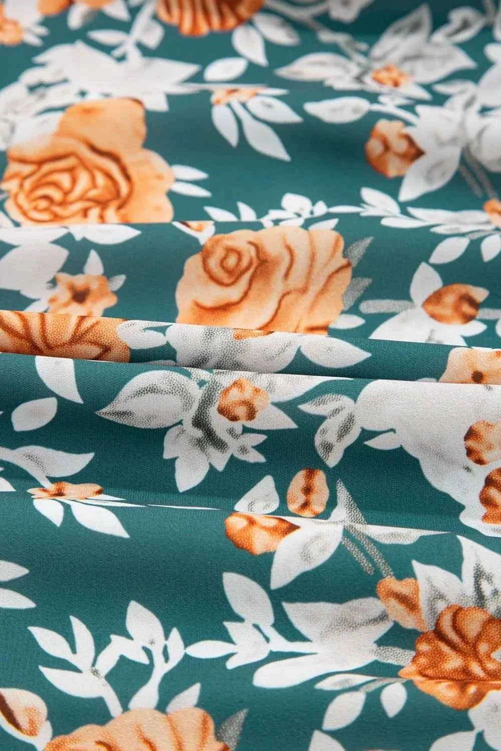 Floral Print Trimmed V Neck Tie Waist Sleeveless Dress Trendsi