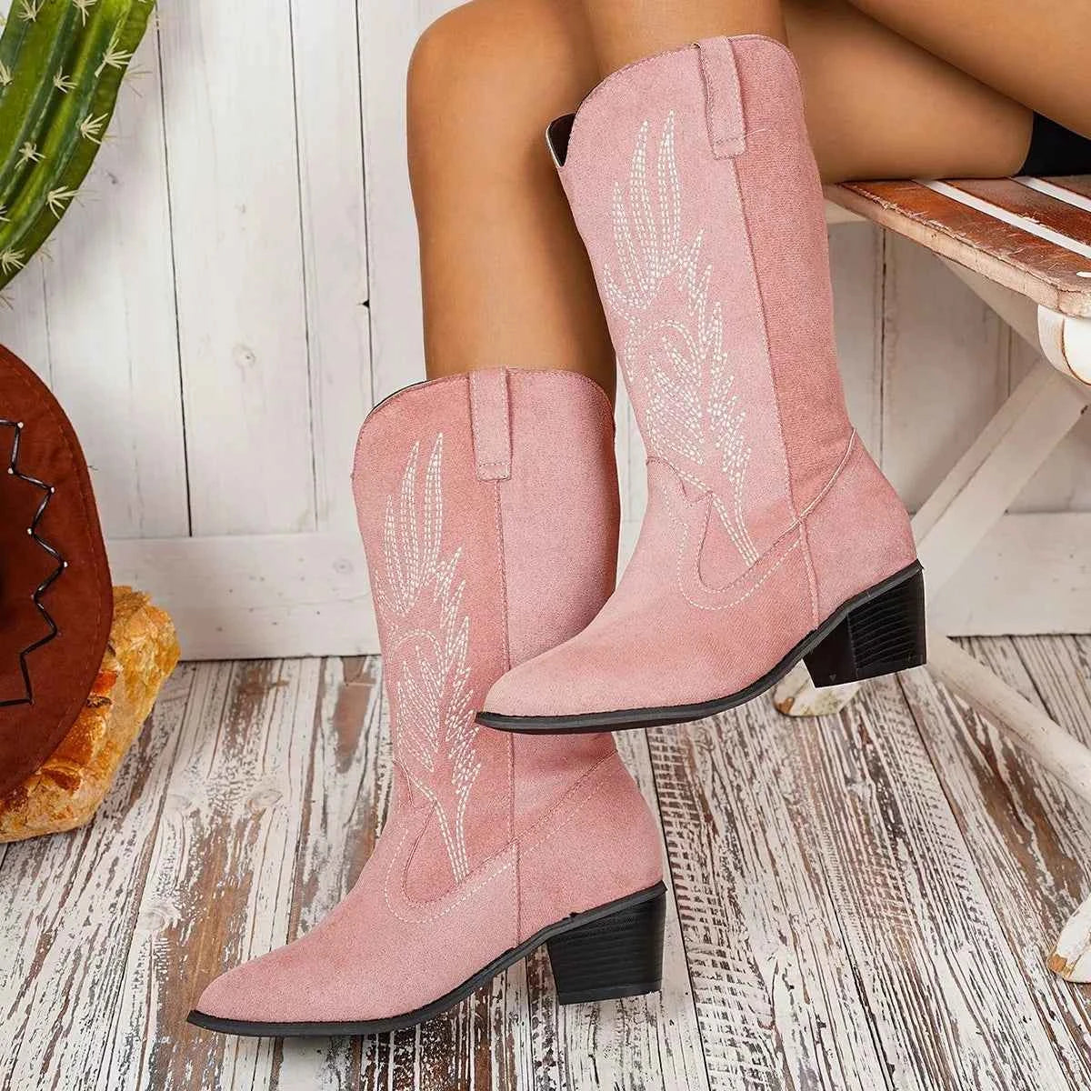 Point Toe Block Heels Boots Pink Trendsi