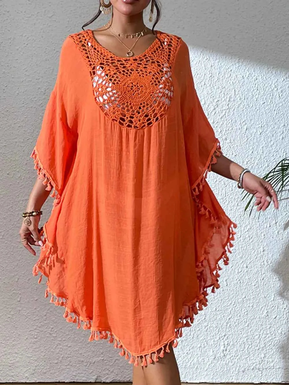 Tassel Cutout Scoop Neck Cover-Up Dress Orange One Size Trendsi