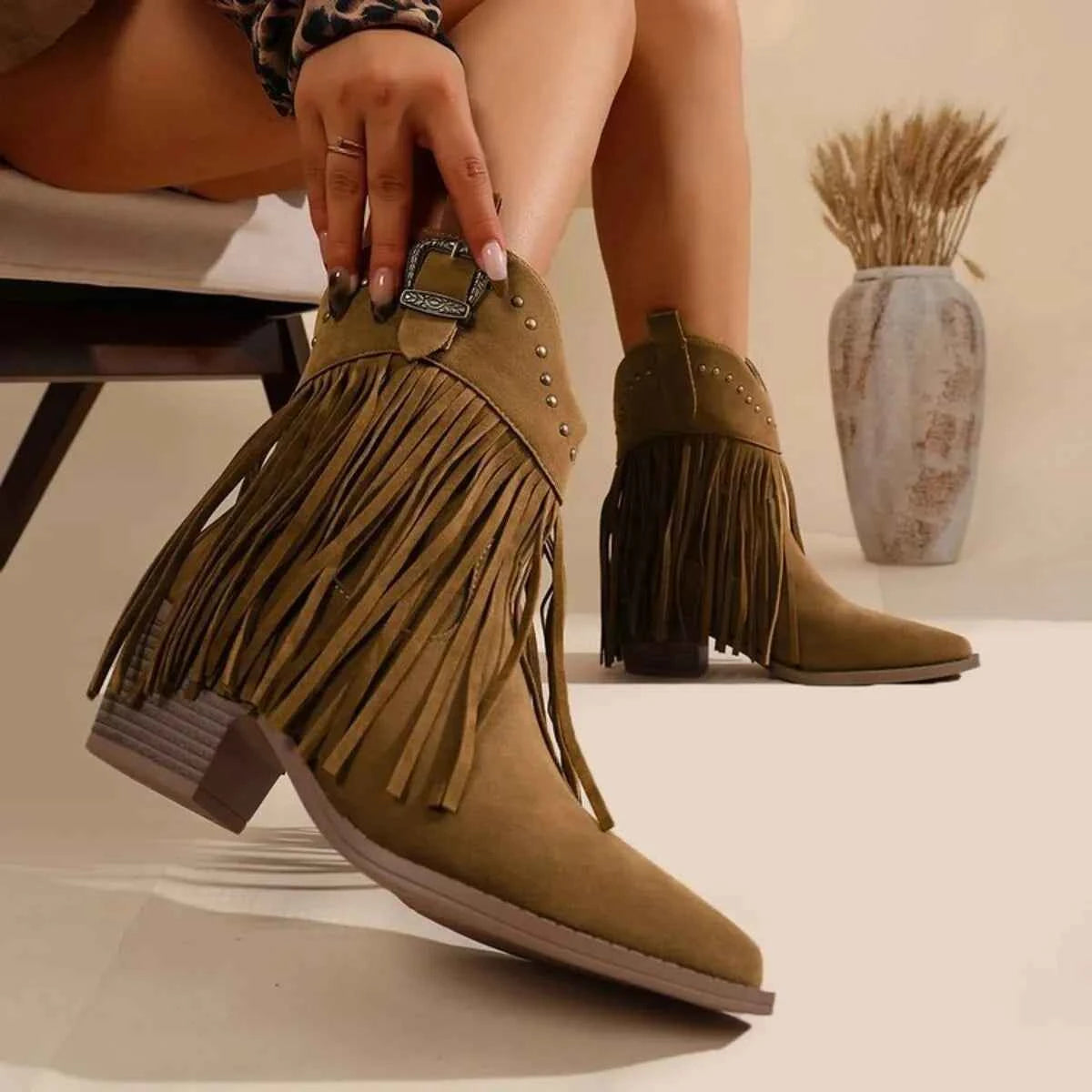 Fringe Point Toe Block Heels Boots Dark Brown Trendsi