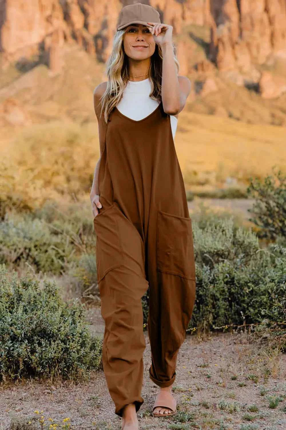 Double Take Full Size V-Neck Sleeveless Jumpsuit with Pockets Brown Trendsi