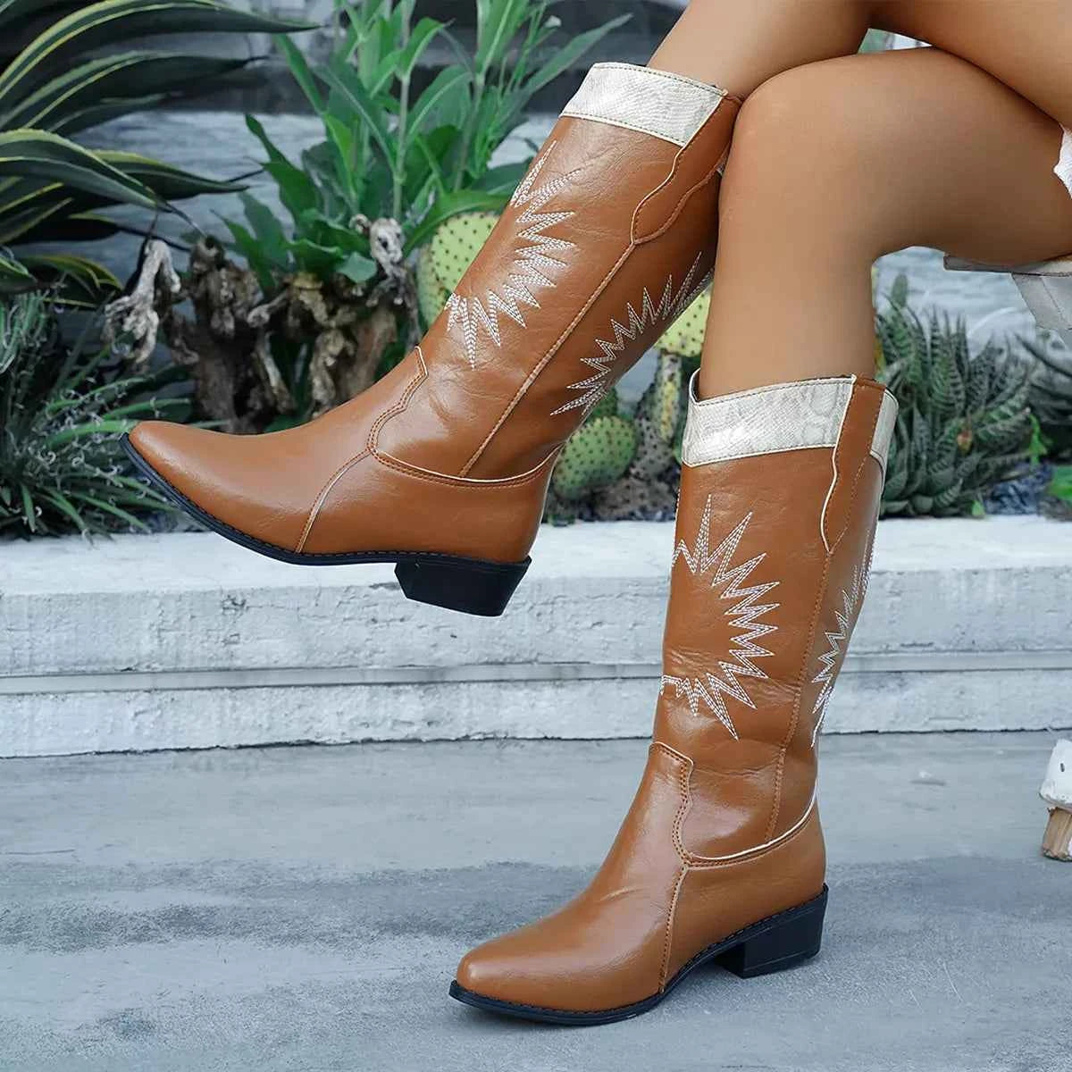 Point Toe Block Heels Boots Brown Trendsi