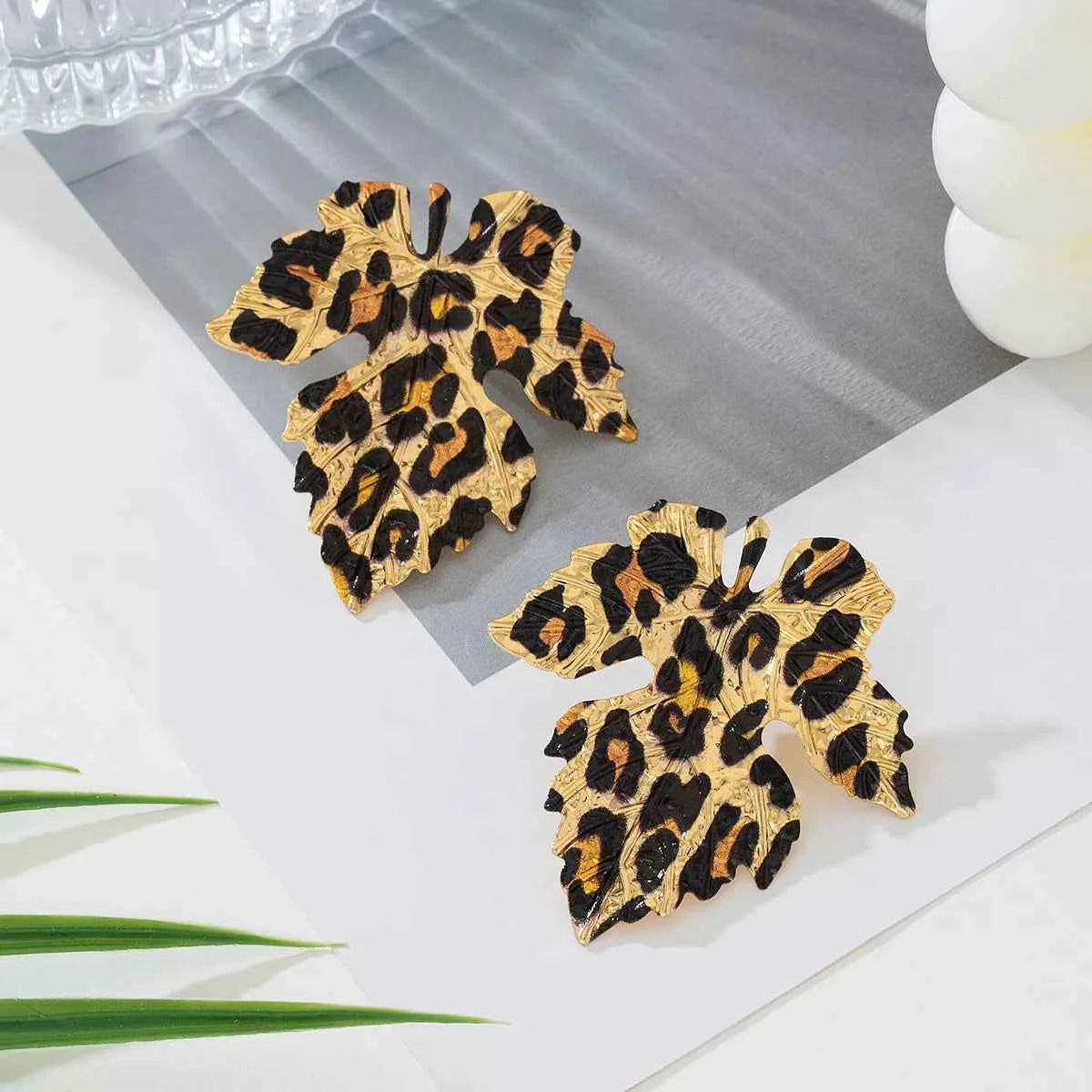 Alloy Leopard Print Leaf Earrings Trendsi