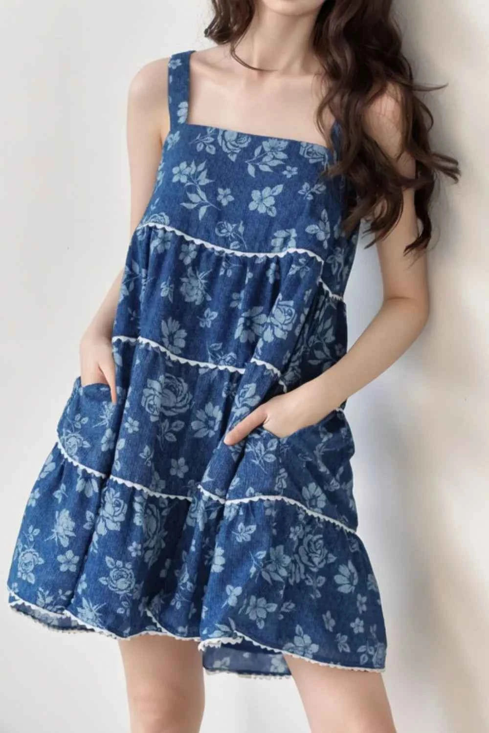 Floral Tiered Denim Dress - Square Neck Mini Trendsi