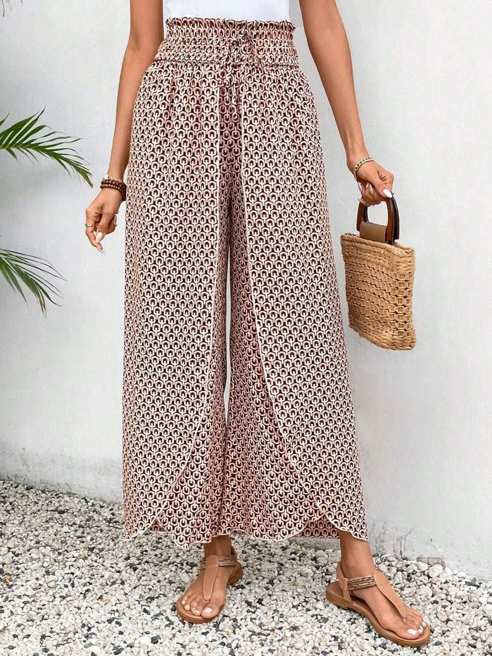 Tied Printed Wide Leg Pants Trendsi
