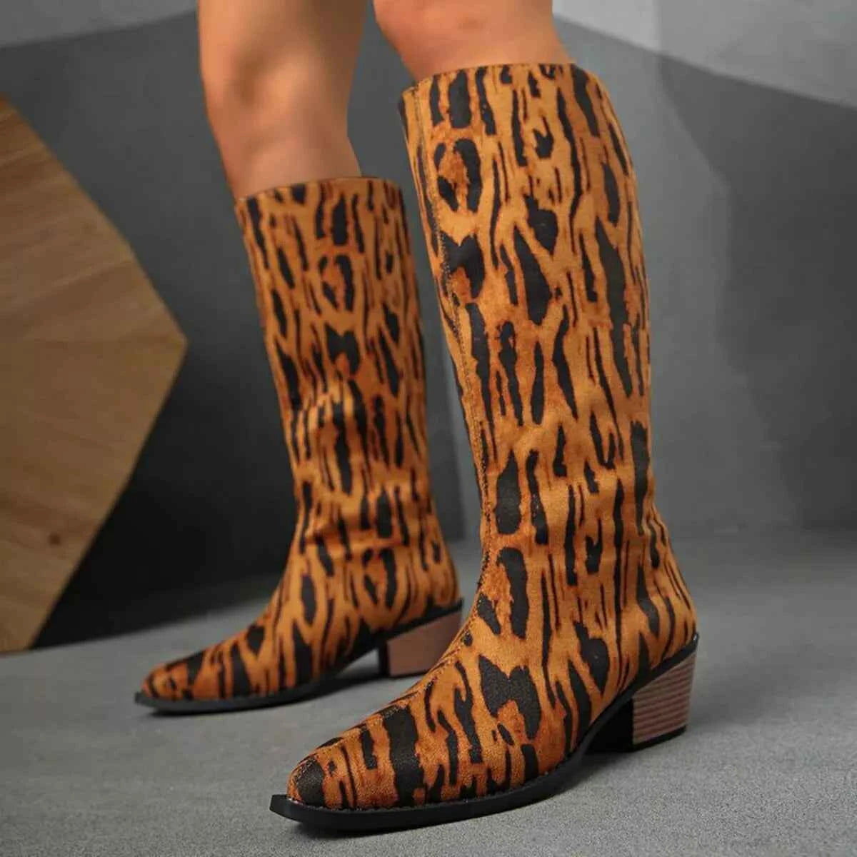 Animal Print Point Toe Block Heels Boots Trendsi