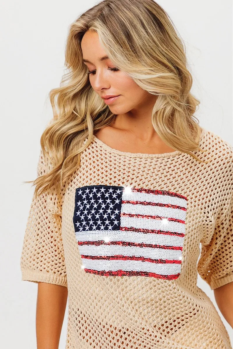 BiBi Sequin American Flag Knit Cover Up Trendsi