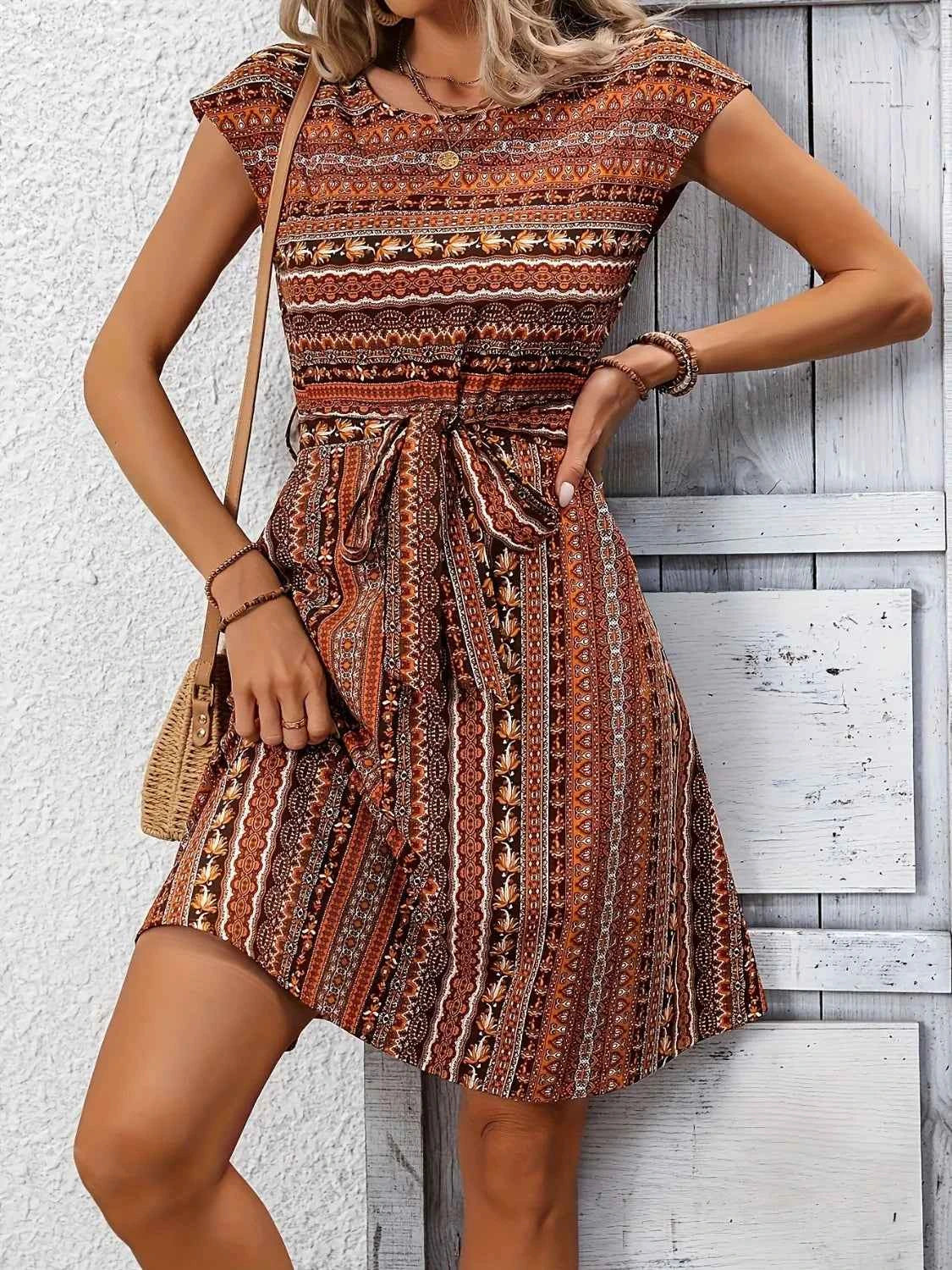 Printed Round Neck Cap Sleeve Dress Caramel Trendsi