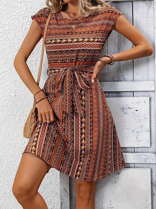 Printed Round Neck Cap Sleeve Dress Caramel Trendsi