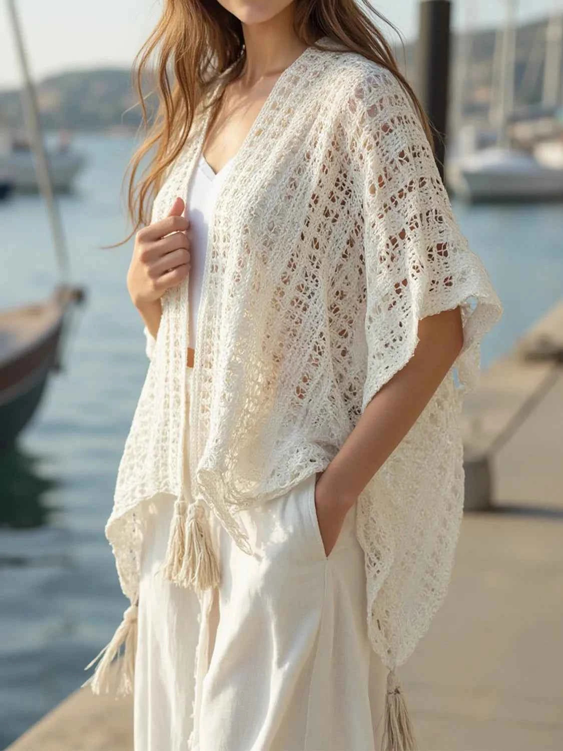 Openwork Tassel Open Front Knit Cover Up Cream One-size Trendsi