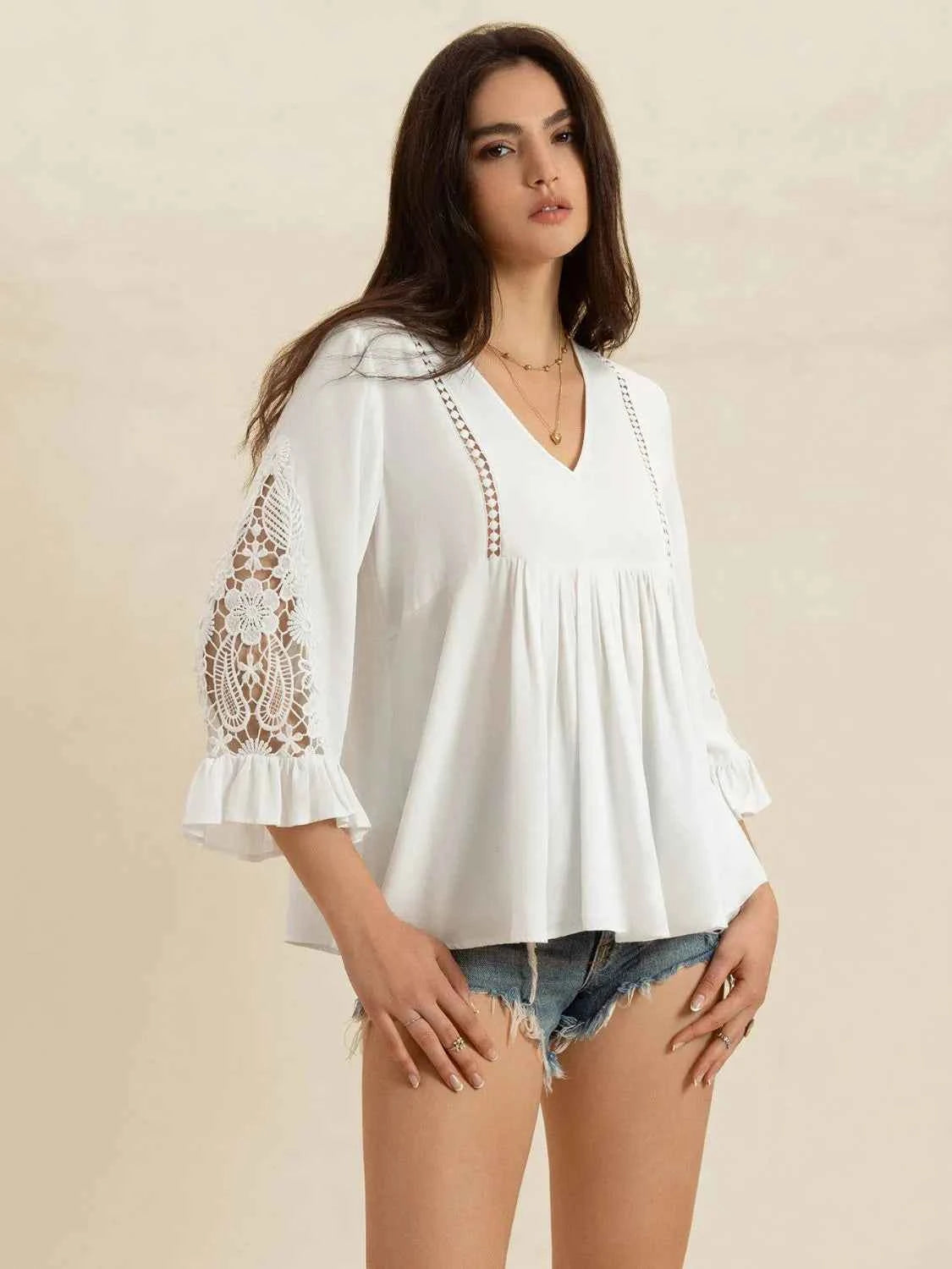 V-Neck Lace Flounce Sleeve Top Trendsi