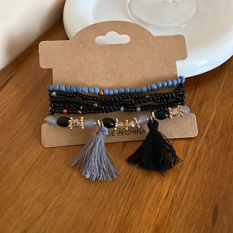 Tassel Rice Bead Bracelet Black One Size Trendsi